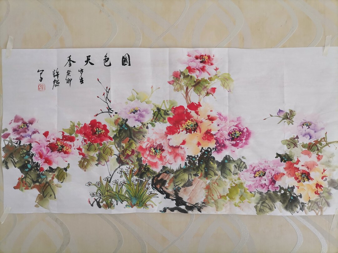 Handpainted Chinese Painting, Peony Painting,chinese Rice Paper