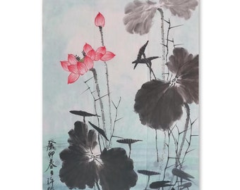 Handpainted Chinese painting,Lotus Painting, Water lily Painting,Original Chinese Rice Paper Painting,sumi-e painting