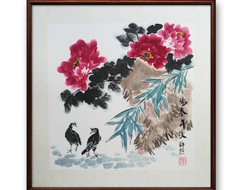 Original Handpainted Peony Chinese Painting: Asian Sumi-e Art, Framed