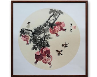 Original chinesisches Gemälde: Granatapfel & Vogel