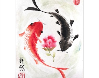 100% 手描きの中国水彩鯉魚アート、細身の縦鯉の絵、オリジナルの