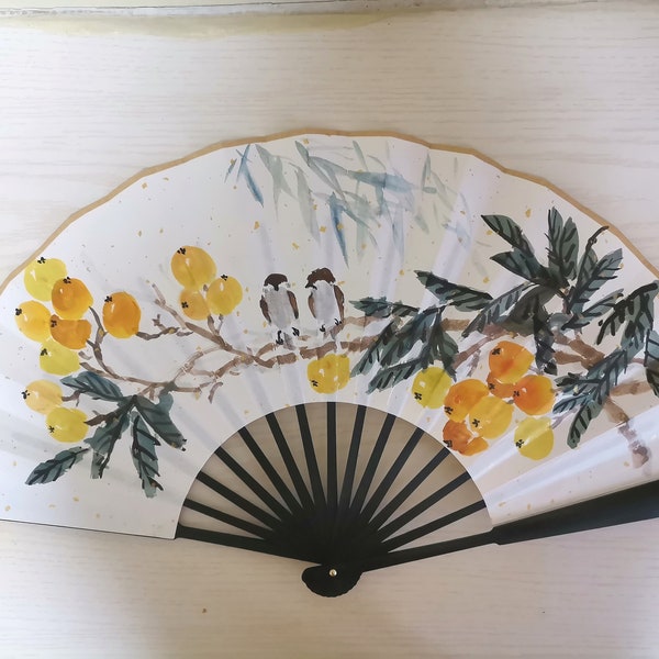 Handpainted Traditonal Chinese Folding Hand Fan--Loquat Fruit and Birds,sumi-e painting