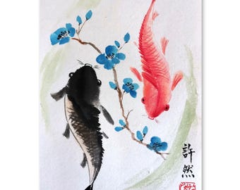 100% 手描きの中国水彩鯉魚アート、細身の縦鯉の絵、オリジナルの