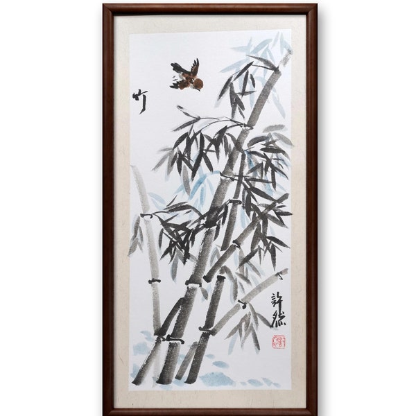 Origineel bamboe Chinees schilderij, traditioneel inktschilderij, bamboe schilderij, ingelijste Chinese kunst, sumi-e schilderij