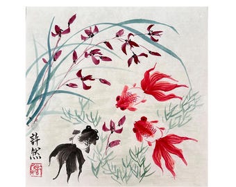 Original Orchidee und Goldfisch Sumi-e Malerei: Traditionelle Chinesische Kunst (30 x 30 cm)