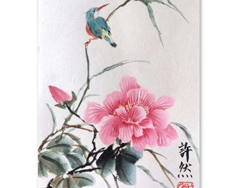 Original Chinese Hibiscus Painting: Handpainted Sumi-e Wall decoration (A4 Size)