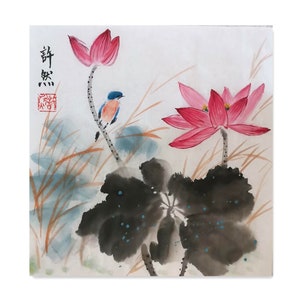 Pittura cinese dipinta a mano, pittura di loto e uccello, pittura di ninfea, acquerello cinese originale, pittura sumi-e