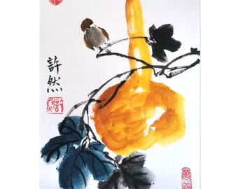 Hand-painted gourd and bird Painting: Original Chinese Painting, Sumi-e Art (A4 Size)