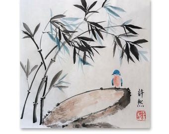 Handpainted Bamboo and Bird Painting: Chinese Watercolor Ink Art