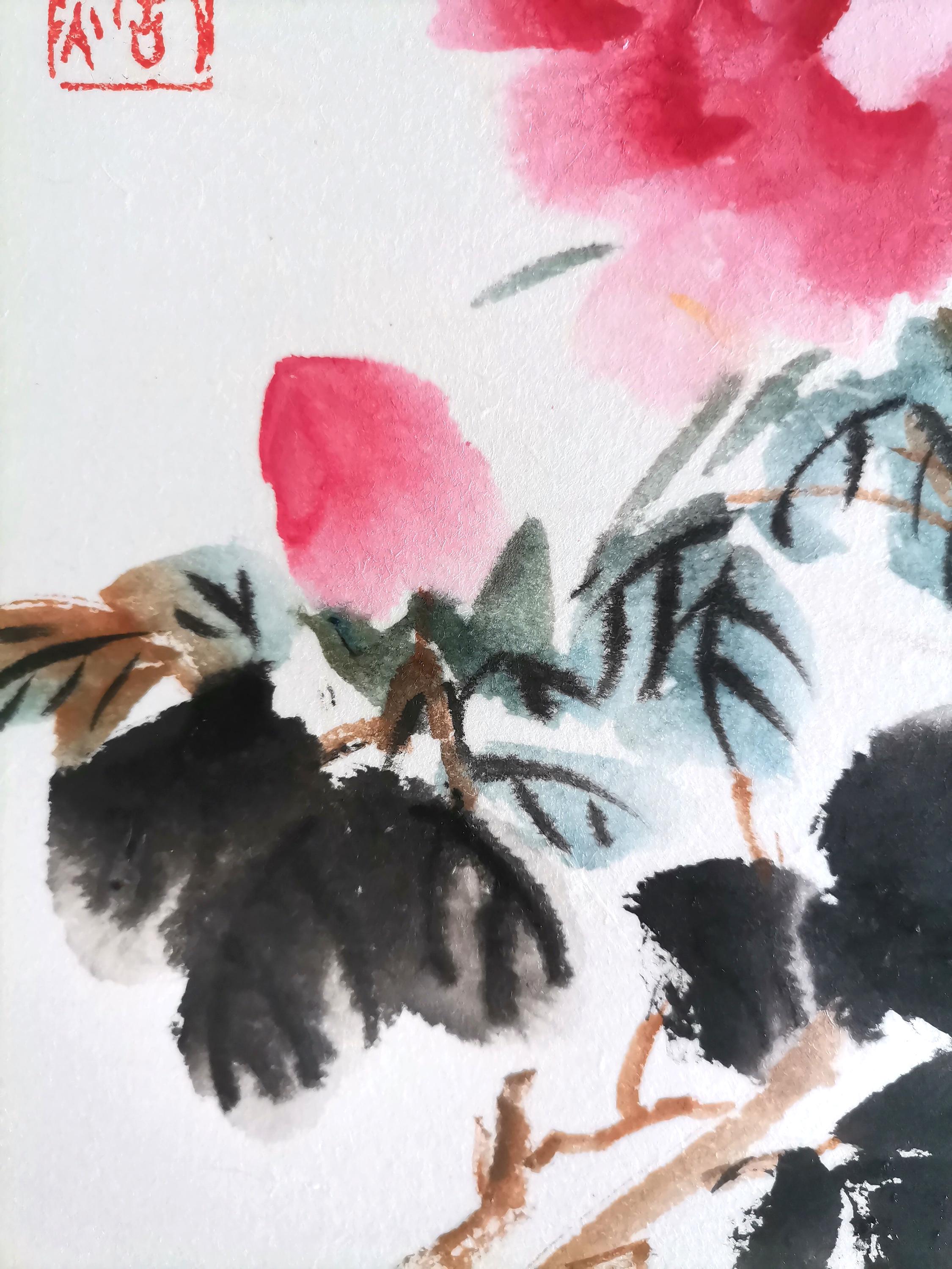 オリジナル手描き牡丹中国絵画：A4サイズ卓上飾り - Etsy 日本