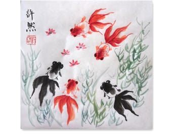 Handpainted Chinese painting,Goldfish painting,Fish Ink Painting