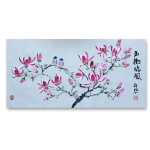 Original Chinese Painting, Magnolia Flower Painting, Traditional Handpainted Painting, Living Room Painting,sumi-e painting