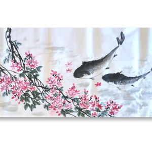 Dipinto cinese originale dipinto a mano, dipinto tradizionale di pesci e fiori, opera d'arte asiatica di pesci, pittura sumi-e