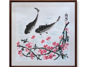 Chinesische Fische Malerei: Handgemaltes Sumi-e Aquarellbild