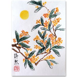 Dipinto cinese originale dipinto a mano, decorazione per la casa, ornamento da scrivania, pittura sumi-e, Dafne, fiore di osmanto, pesce rosso