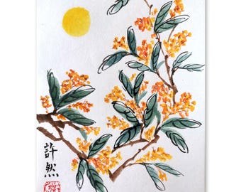 Handpainted Original Chinese painting, Home Decoration,Desk Ornament,sumi-e painting,Daphne, Osmanthus Flower,Goldfish