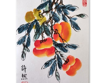 Handpainted Persimmon Sumi-e Painting, Traditional Chinese Art (A4 Size)