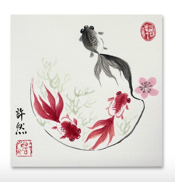 墨絵禅アート｜手描き金魚、中国画（20 x 20 cm） - Etsy 日本