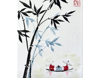 Original japanische Zen-Kunst: Bambus und Bambus: Handgemalte chinesische Malerei, A4 Format