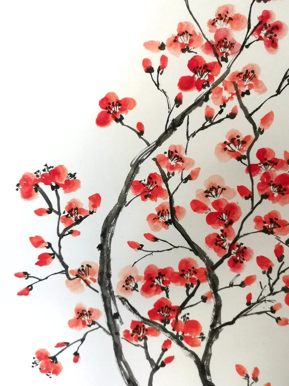 手描きの梅花図巻：伝統的な中国墨絵 - Etsy 日本