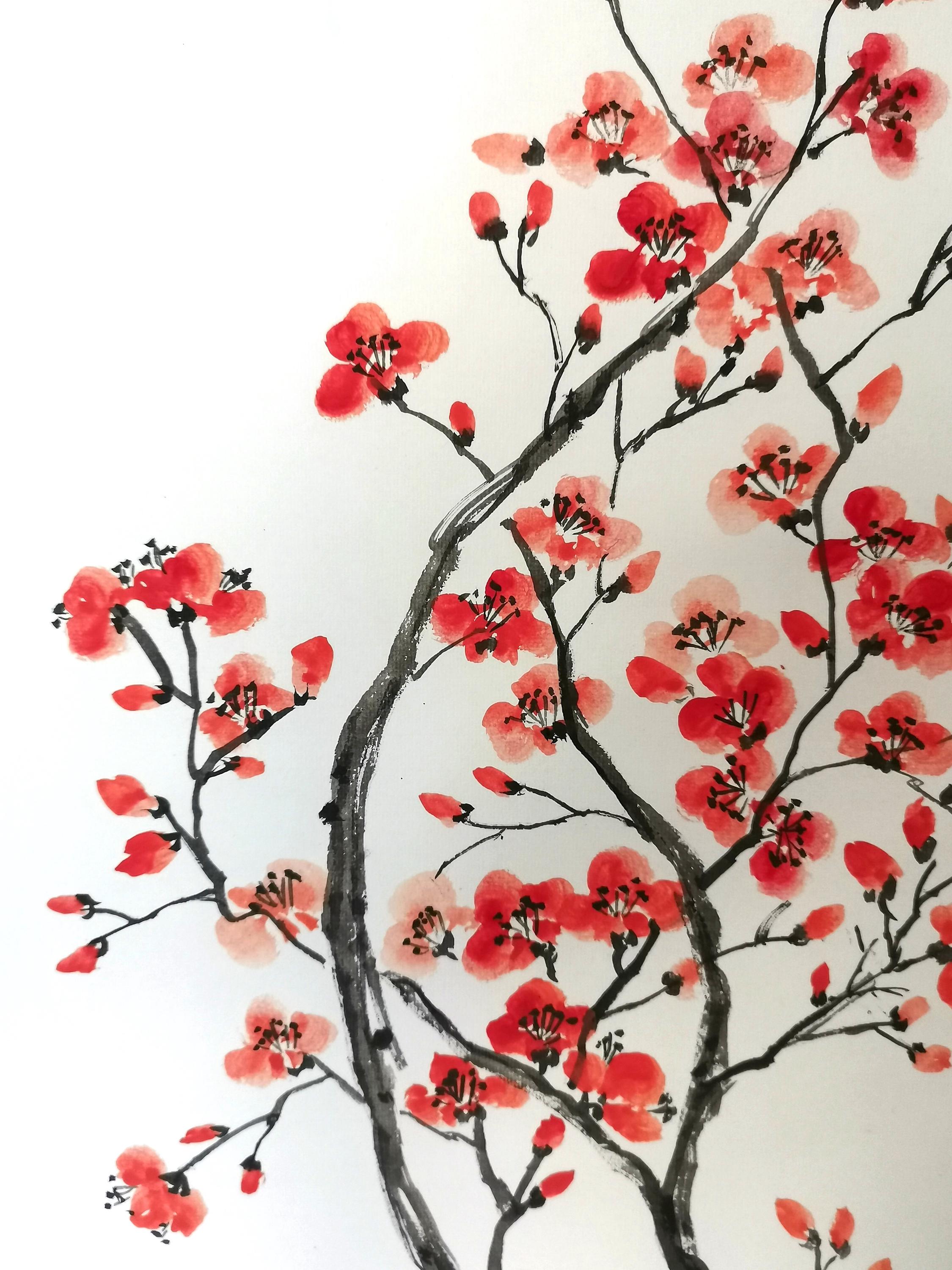 手描きの梅花図巻：伝統的な中国墨絵 - Etsy 日本