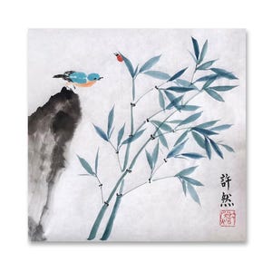 Pittura cinese dipinta a mano, pittura di bambù e uccelli, arte dell'inchiostro cinese, acquerello cinese originale, pittura sumi-e