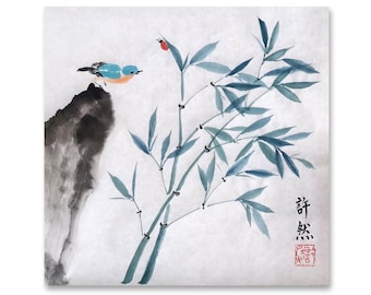 手描きの伝統的な中国の竹とスズメの水墨画 - 東洋の自然の壁装飾