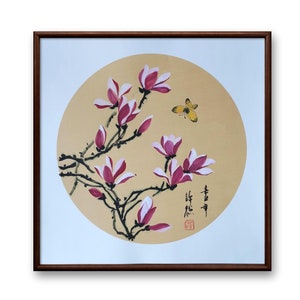 Handpainted Chinese Painting,Original Magnolia Blossom and Butterfly, Asian Wall Art, Framed Chinese Watercolor,sumi-e painting