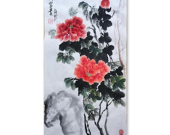 Handpainted Chinese painting,Peony Painting, Peony Blossom Painting, Living Room painting,sumi-e painting