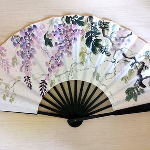Leque dobrável chinês tradicional pintado à mão - Pintura de glicínia e sumi-e