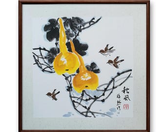 Framed Handpainted Gourd Chinese Painting: Original Sumi-e Art (55x55cm)