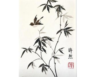 Original Sumi-e Bamboo Japanese zen art: Handpainted Chinese Painting, A4 Size