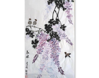 Traditional Chinese painting, Original Wisteria Painting, Handpainted Wisteria painting, Rice Paper Wisteria Painting,sumi-e painting