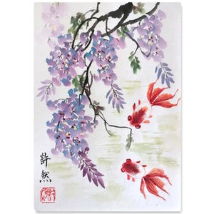 Dipinto cinese originale dipinto a mano, dipinto tradizionale cinese di glicine e pesce, decorazione per la casa, ornamento da scrivania, pittura sumi-e