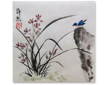 Original Orchid Sumi-e Painting: Traditional Chinese Art (30x30cm)