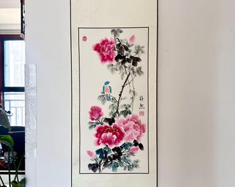 手描き水墨画牡丹の掛け軸：伝統的なアジア絵画、壁掛け装飾用水墨画（40 x 110 cm）