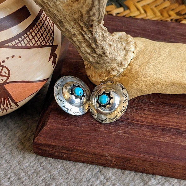 VTG Navajo Sterling Silver and Turquoise Concho Style Earrings by Famed Navajo Artisan Ted Yazzie