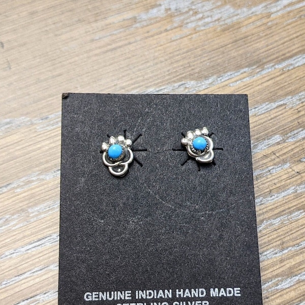 Sterling Silver & Turquoise Navajo Bear Paw Earrings Handmade by Navajo artist Wanda Ann Edaakie