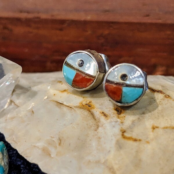 Native American Handmade Sterling Silver Multi-stone Inlay Sunface Earrings by Zuni Silversmith John Cheama