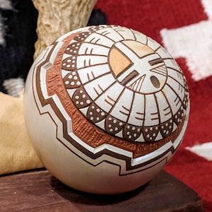 Hopi Hand Coiled Native Clay, Hand Carved, Hand Painted &quot;Tawa&quot; Seed Pot by Famed Artist Lawrence Namoki - Mint Condition