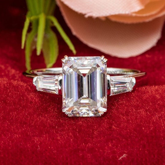 3 Stone Emerald Cut Moissanite Engagement Ring Emerald & | Etsy