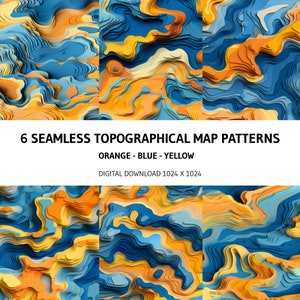 May include: Six seamless digital patterns featuring abstract topographic maps in shades of orange, blue, and yellow. The patterns are 1024 x 1024 pixels.