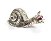 Antique Style Snail Pill Snuff Trinket Box Ruby Eyes 925 Sterling Silver
