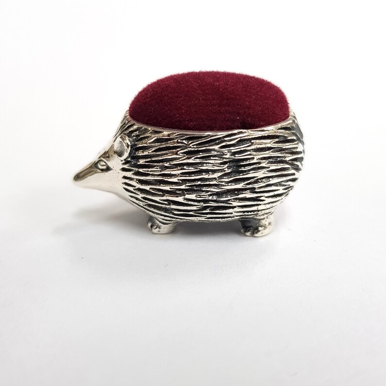 Victorian Hedgehog Pin Cushion 925 Sterling Silver Sewing Needle Velvet