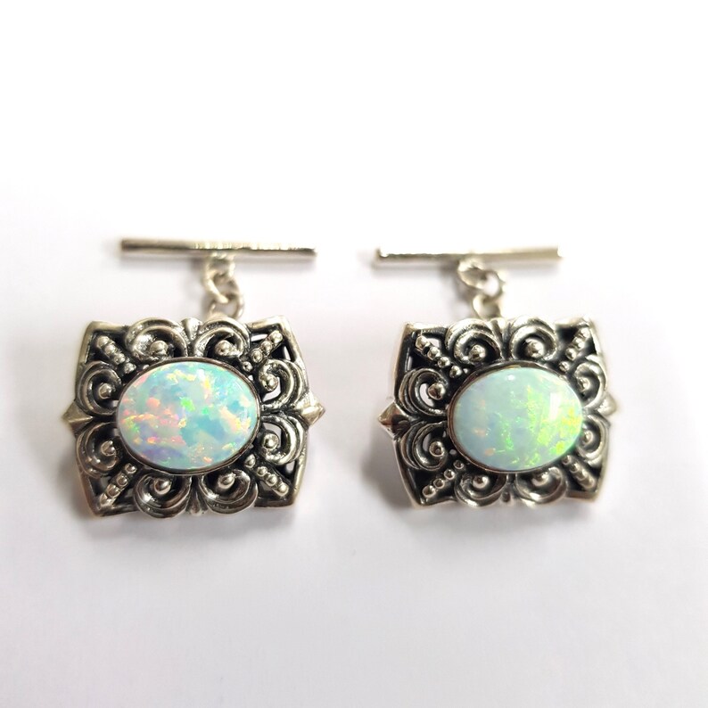 Victorian Style White Gilson Opal Filigree Cufflinks 925 Sterling Silver Mens Gift
