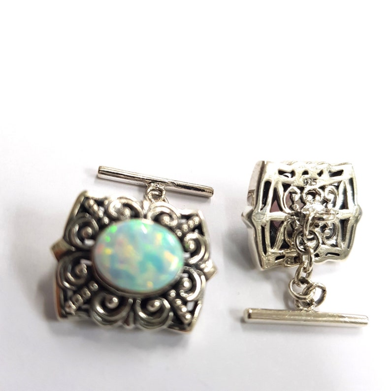 Victorian Style White Gilson Opal Filigree Cufflinks 925 Sterling Silver Mens Gift