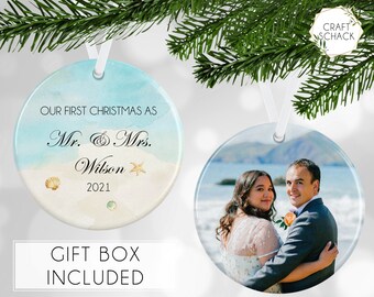 Engaged Personalized Couples Beach Christmas Glass Ornament Personalized with Names and Date written in the sand
