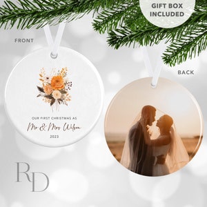 Orange Floral Bouquet Christmas Ornament, Fall Wedding, Personalized Photo Ornament, Christmas Gift For Newlyweds, Wedding Gift For Couple