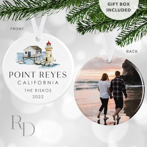 Personalized Lighthouse Ornament, Travel Ornament, Custom Photo Ornament, Point Reyes Ornament, Sonoma County, Family Vacation, California