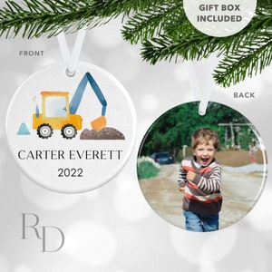 Personalized Excavator Christmas Ornament, Baby's First Christmas, Kids Christmas Ornament, Custom Photo Ornament With Name, Construction